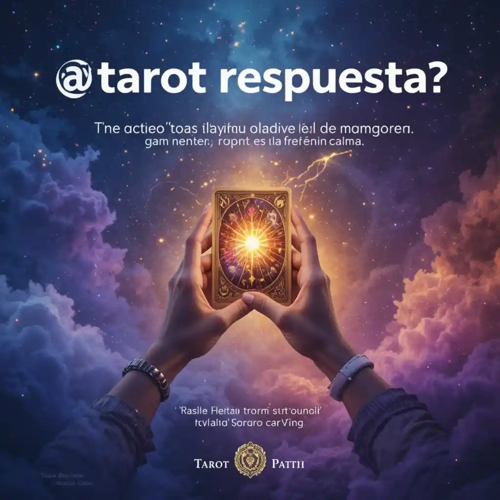 Tarot hands holding glowing card over mystical gradient background
