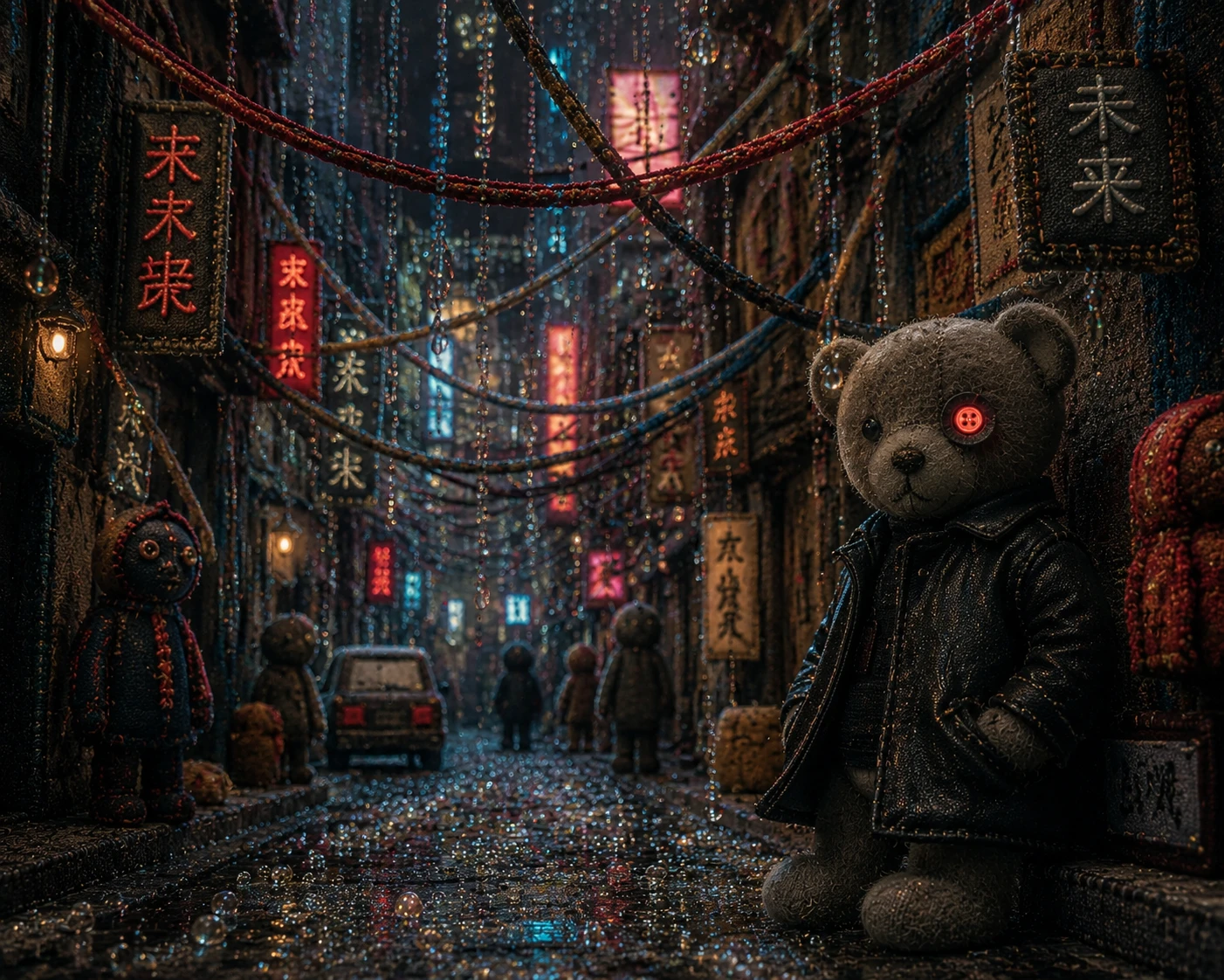 Ominous teddy bear in a textile crafted dystopian alley