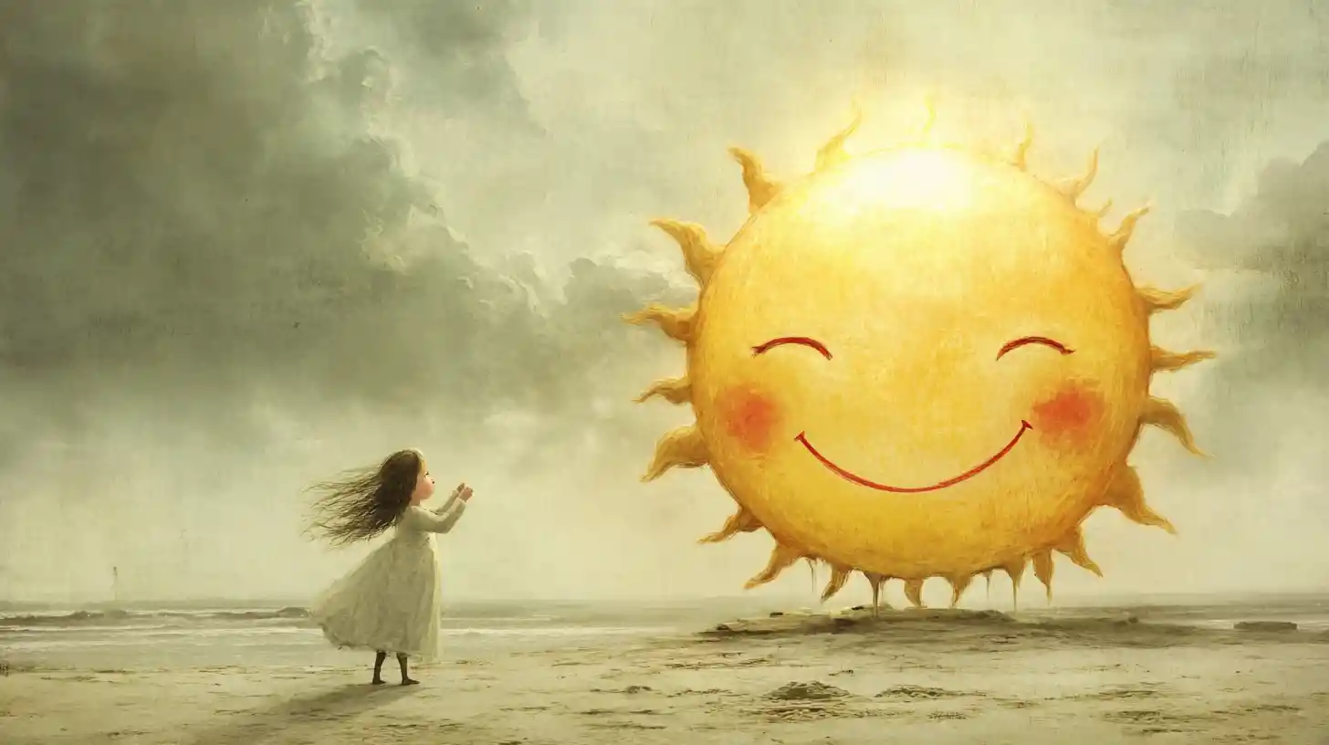 Girl Tugging A Smiling Sun Over A Quiet Beach