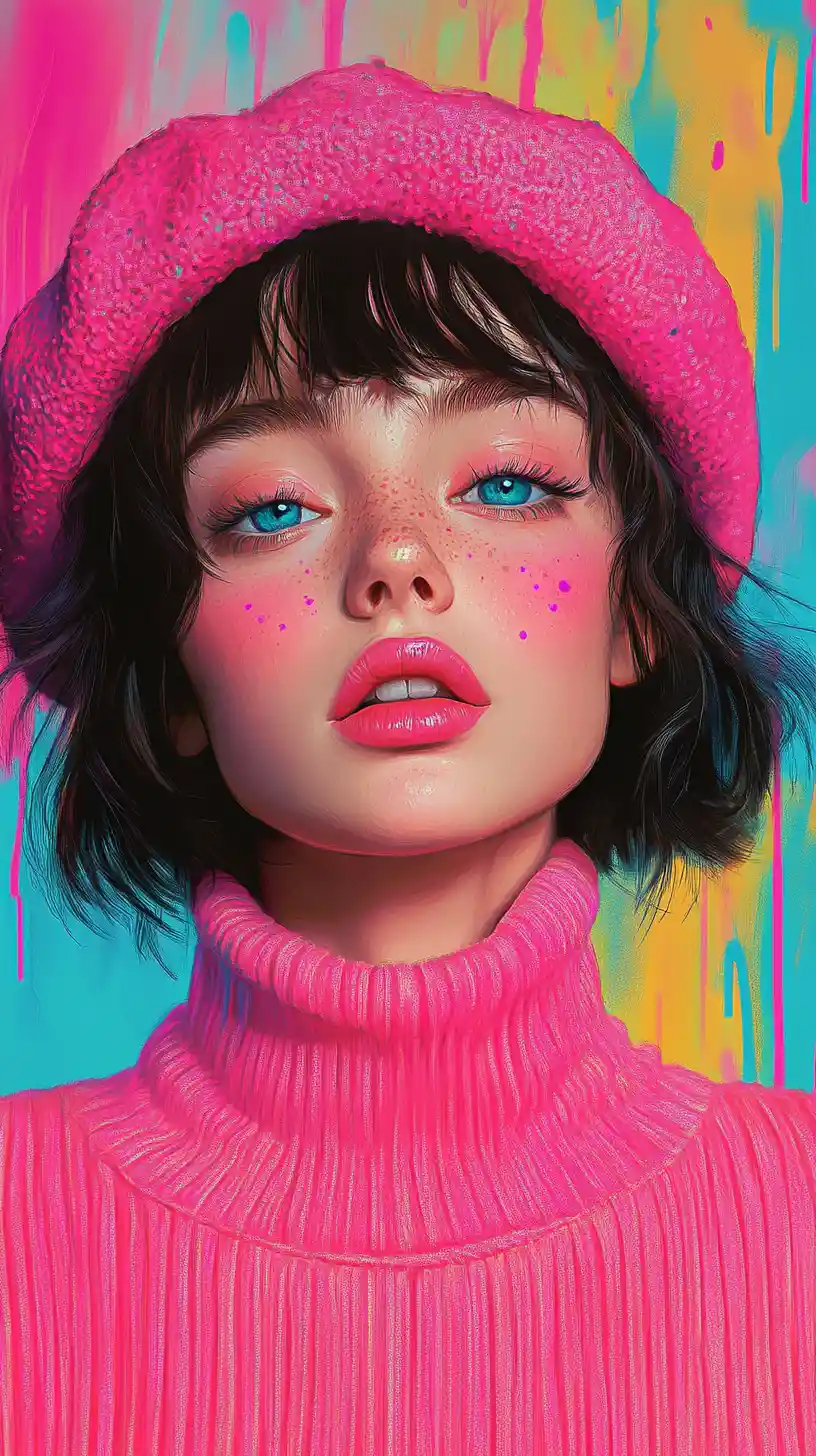 Pink beret girl portrait with electric blue eyes