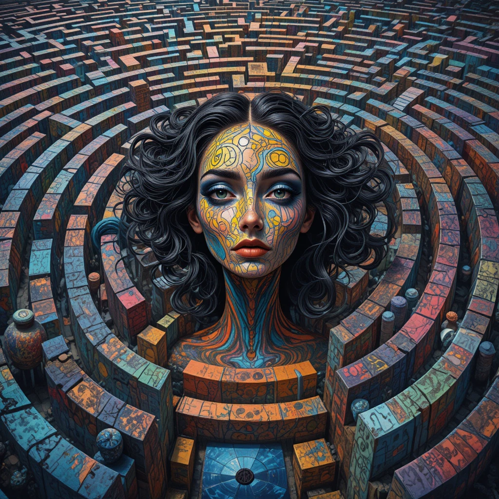 Surreal psychedelic maze with a woman face at the center