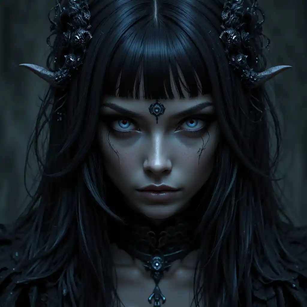Gothic sorceress with ashen skin and shadowy magic aura