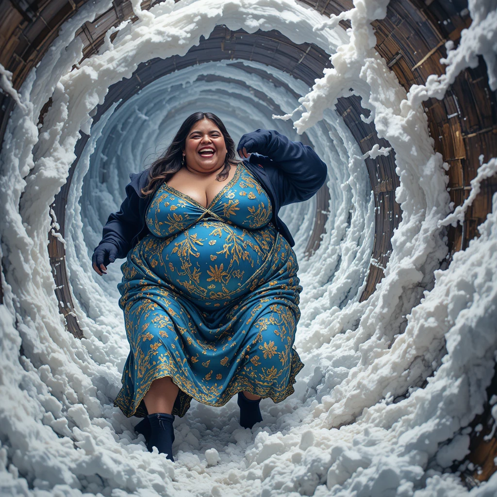 Overweight woman tumbling down a narrow chute
