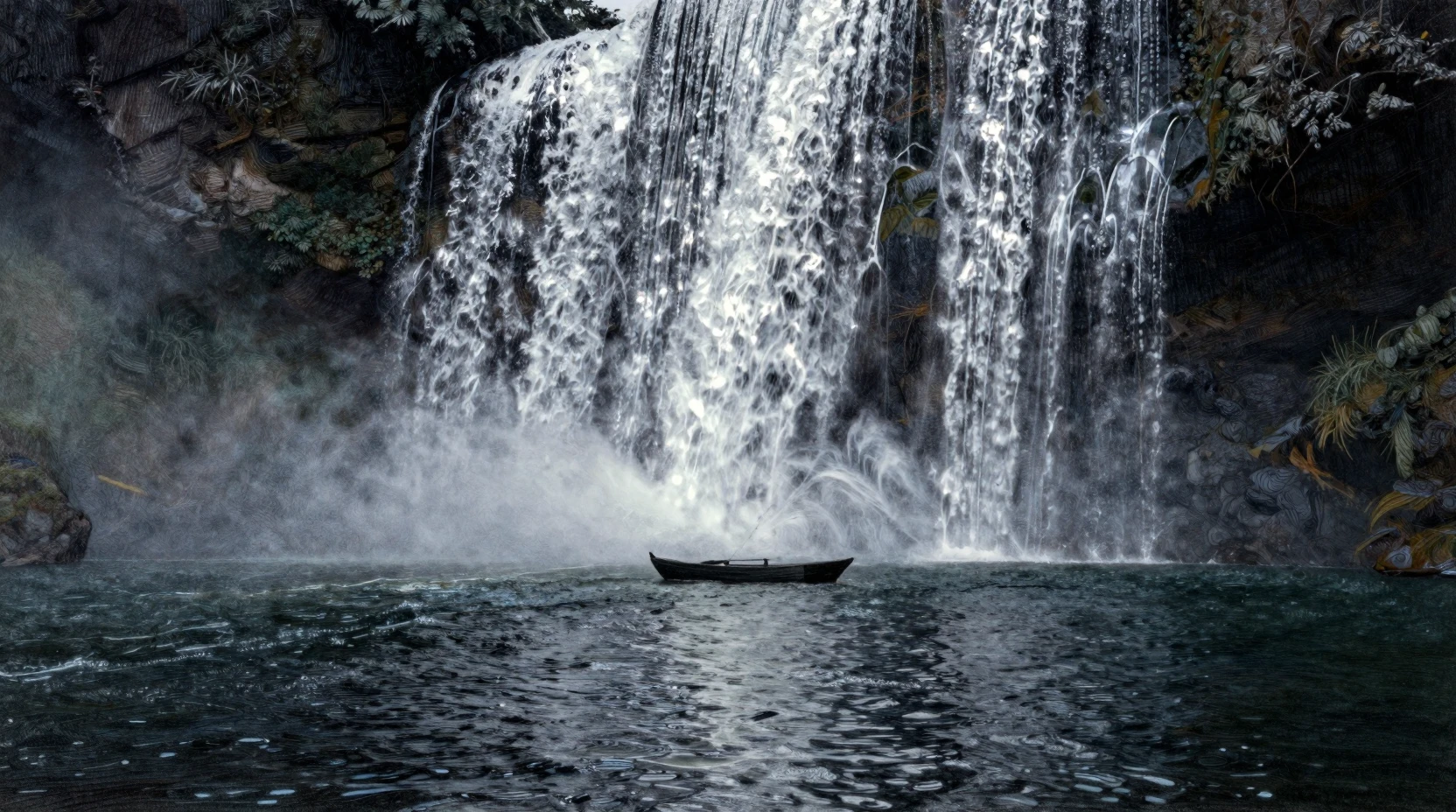 Silver moonlit waterfall pouring into a dark still lake