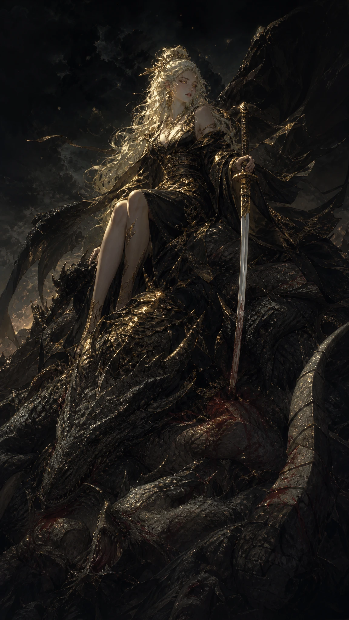 Warrior woman atop dragon corpses in dark fantasy scene