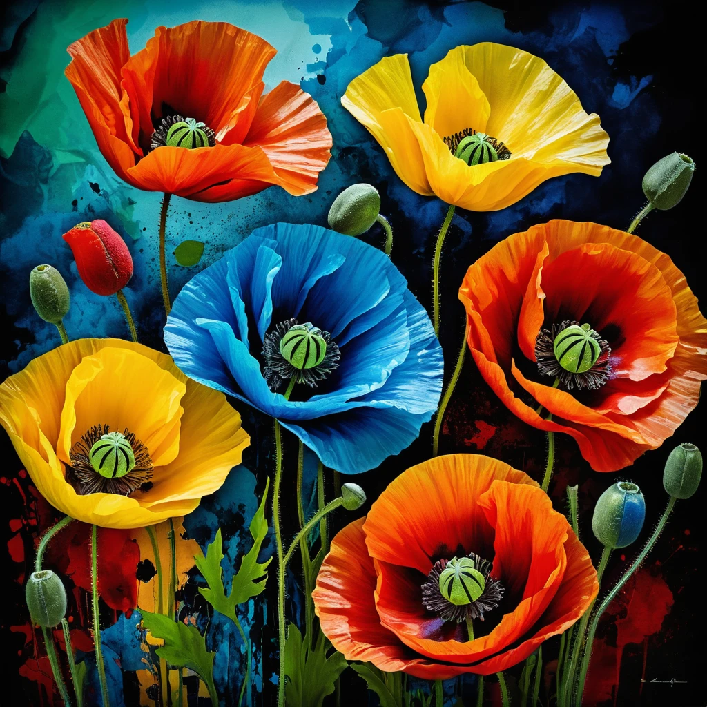 Abstract poppy flowers in bold red yellow green and blue