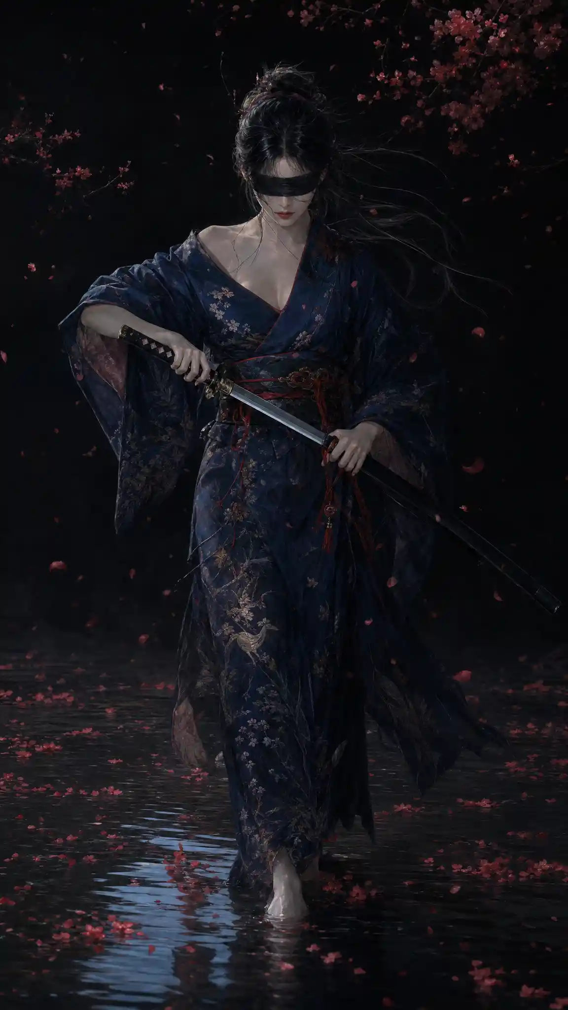 Blindfolded woman in dark kimono walking through water