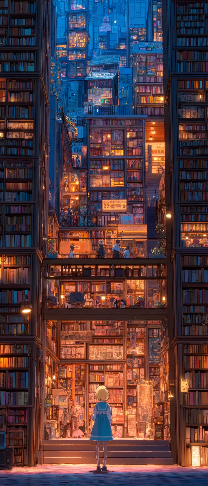 Anime librarian before a towering city of glowing bookshelves