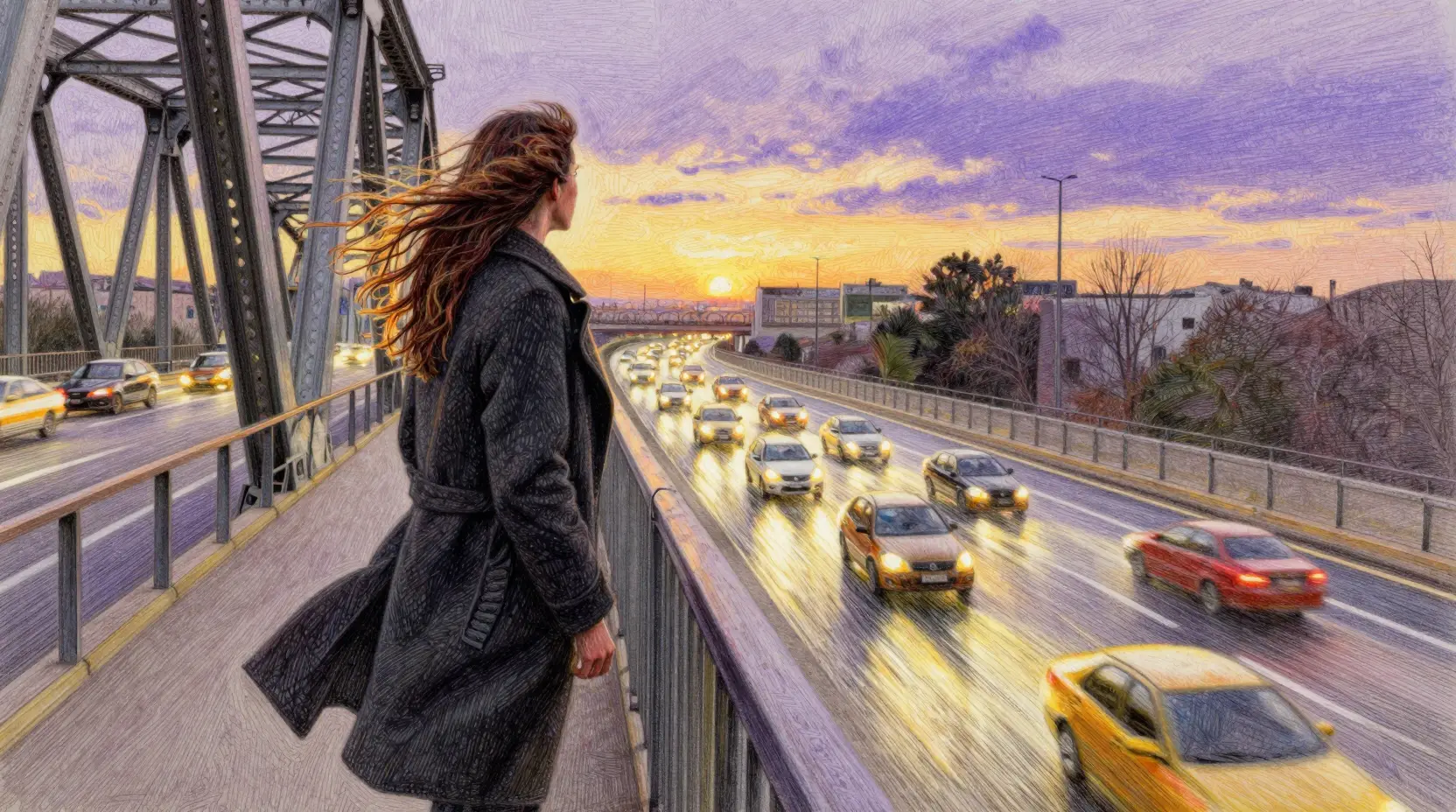 Passenger on a city bridge above rushing riverlike traffic