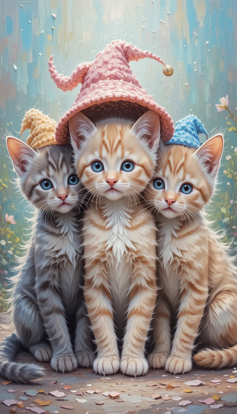 Impressionist painting of three kittens in colorful hats