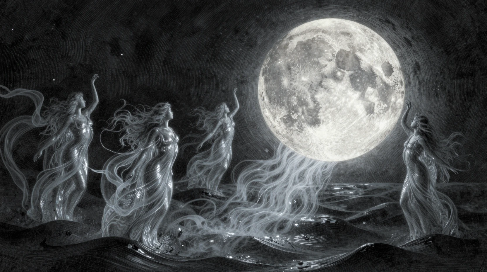 Mystical moon over rising water spirits in dark ocean