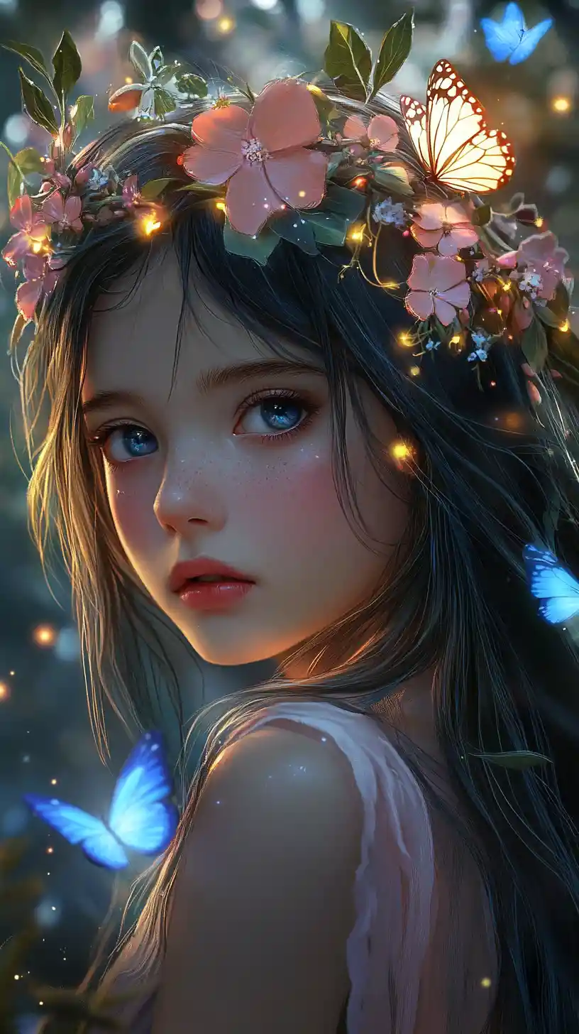 Enchanted girl with glowing butterflies in a flower crown