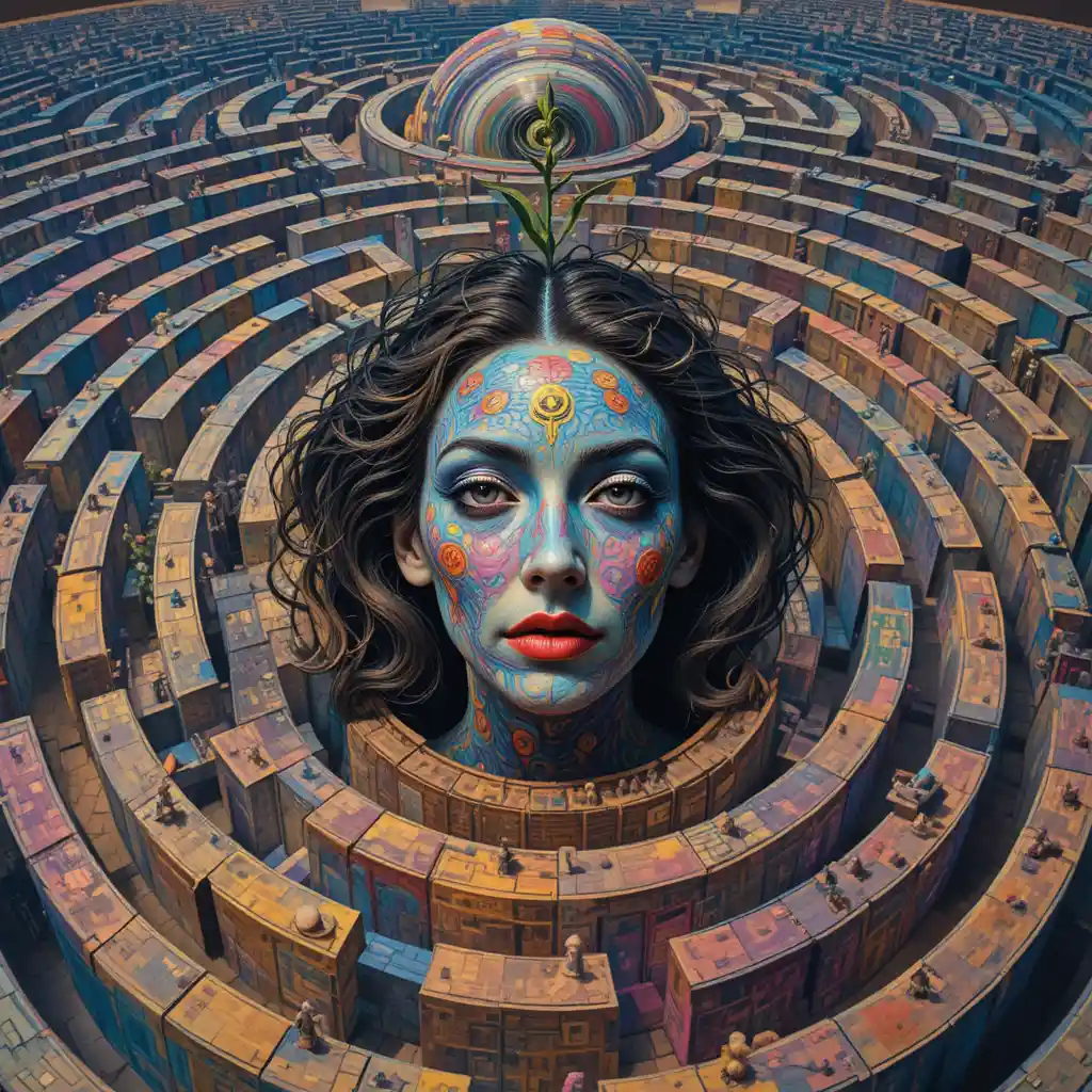 Surreal psychedelic maze with a woman face at the center