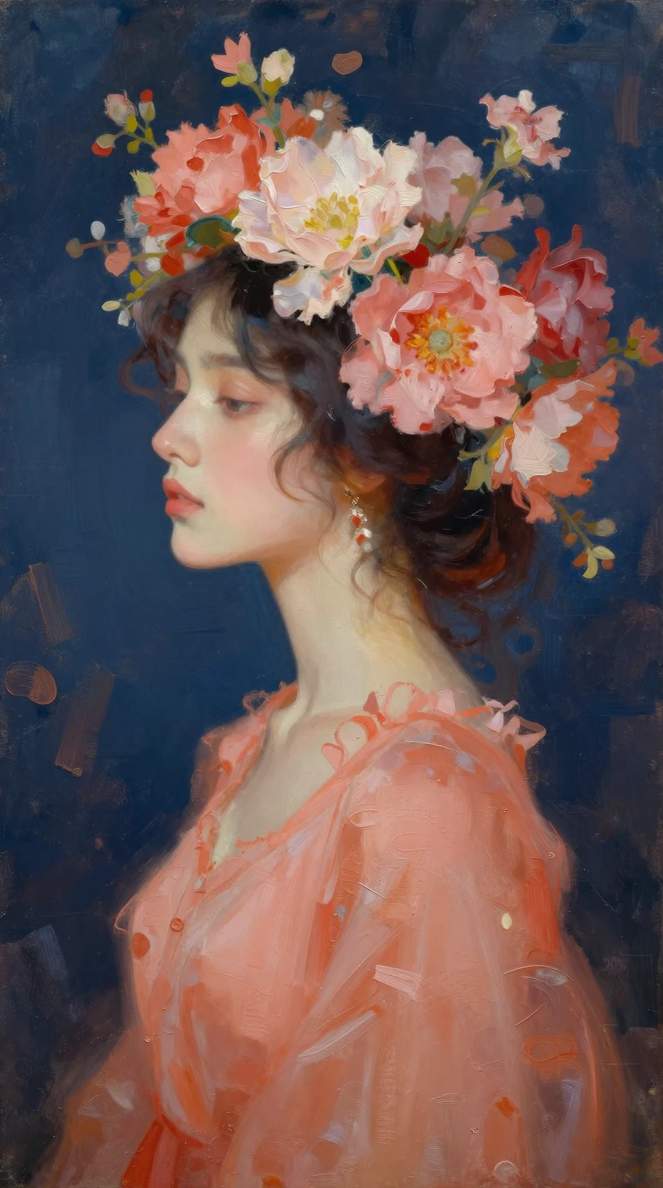 Retrato en pintura al óleo digital de mujer con corona de flores