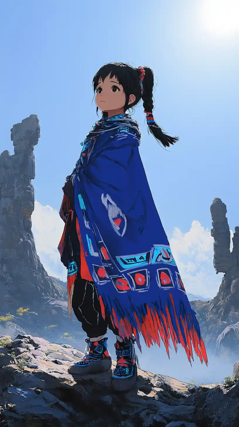 Young girl in blue cape on surreal rocky hillside