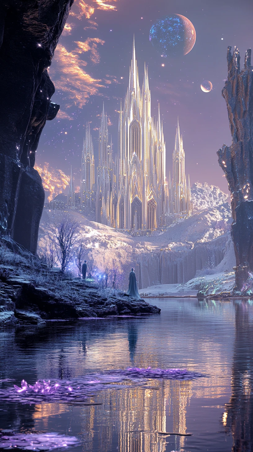 Elf gazing across a mirror lake to a floating cathedral