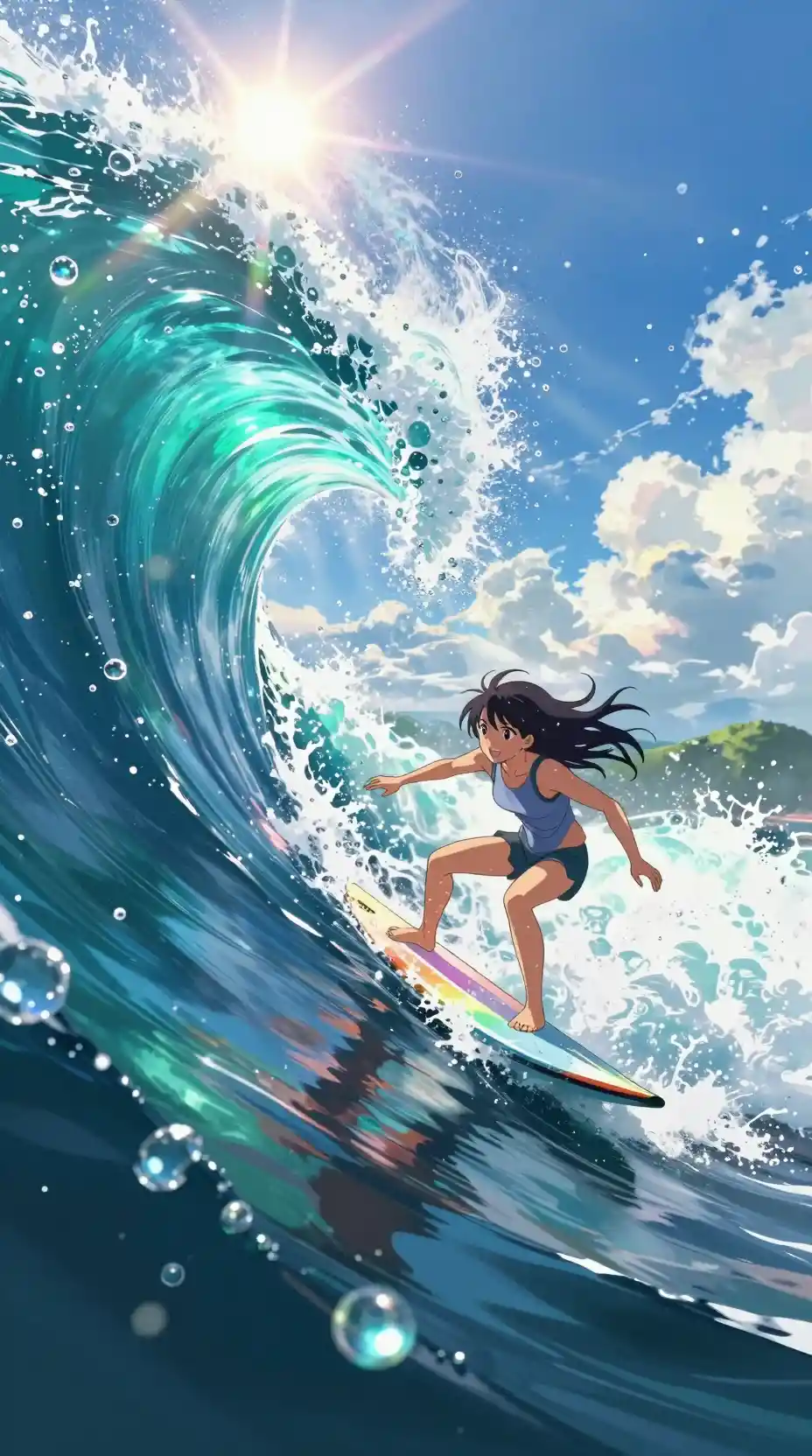 Anime surfer girl riding a massive sunlit ocean wave