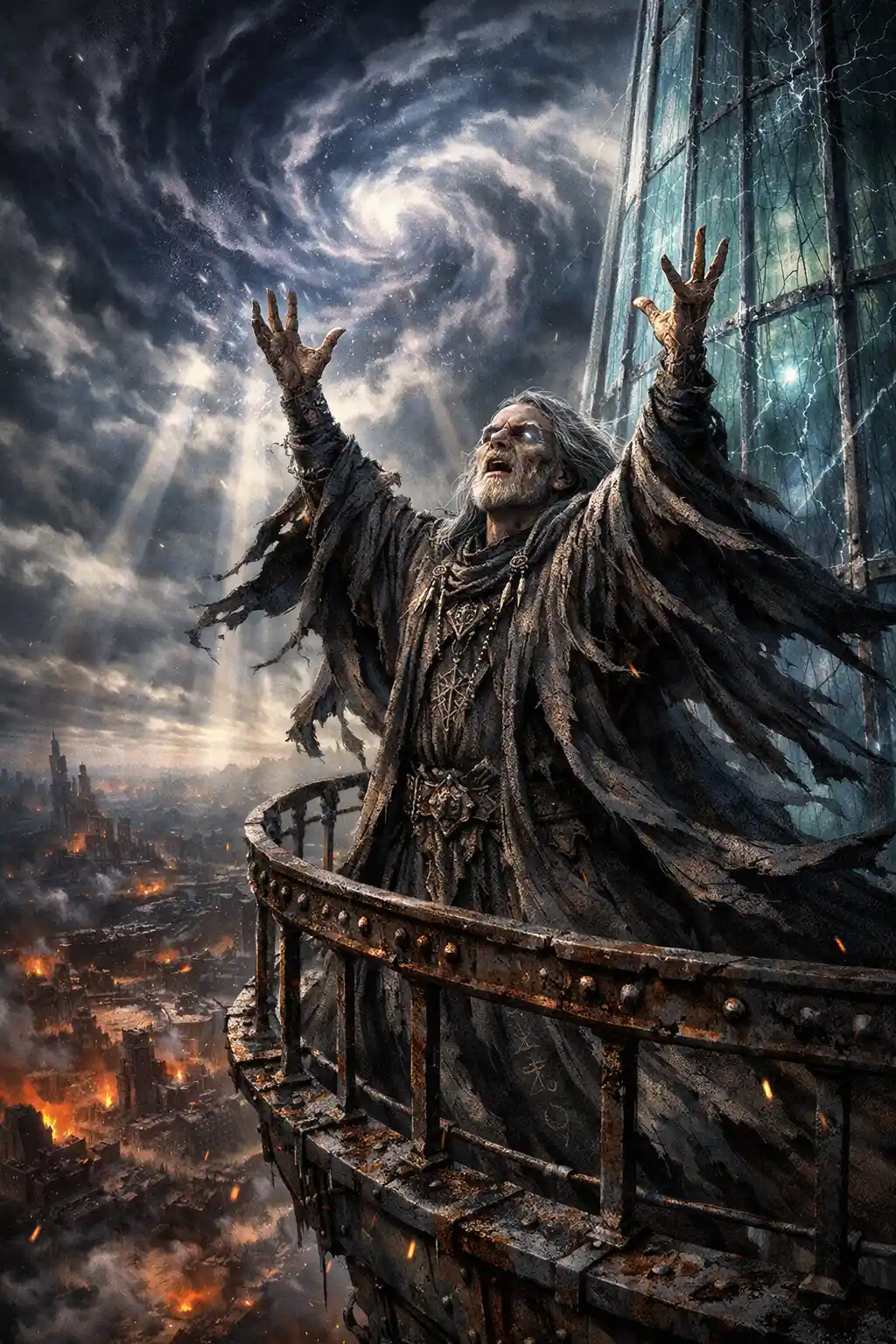 Ancient wizard casting a spell on a glass tower balcony