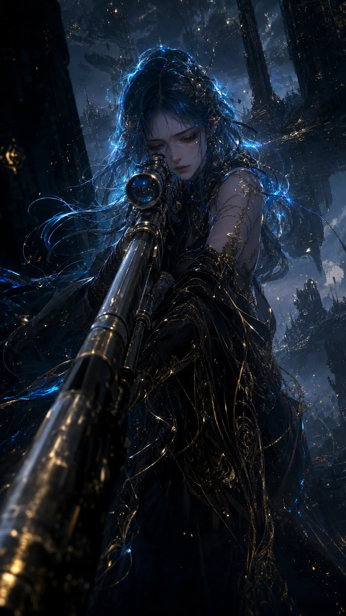 Sorrowful Woman Aiming A Sniper Rifle In Glowing Darkness