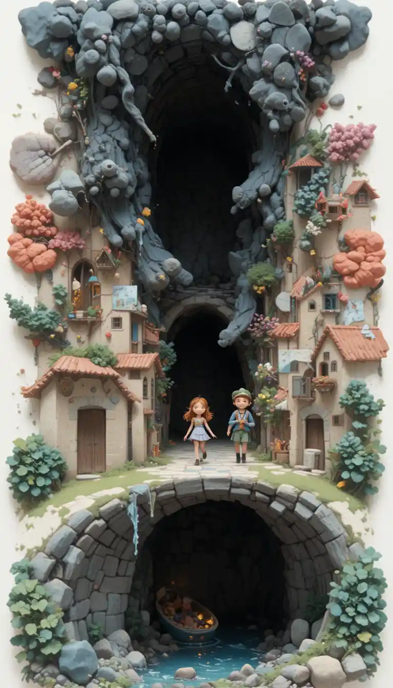 Childlike illustration of a colorful old village street scene