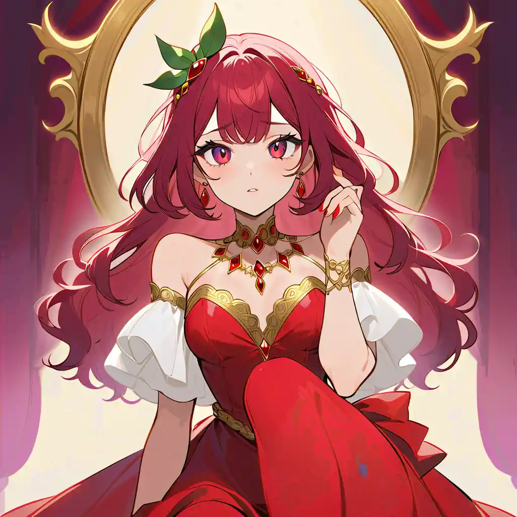 Glamorous woman in ruby red dress with golden eyes