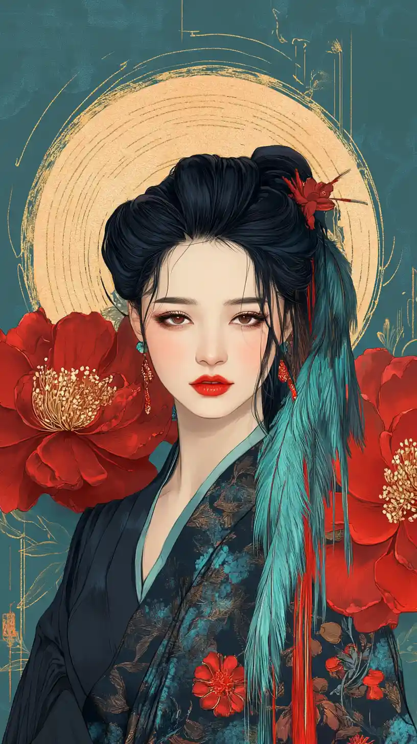 Ukiyo e inspired portrait of an elegant feathered Asian woman