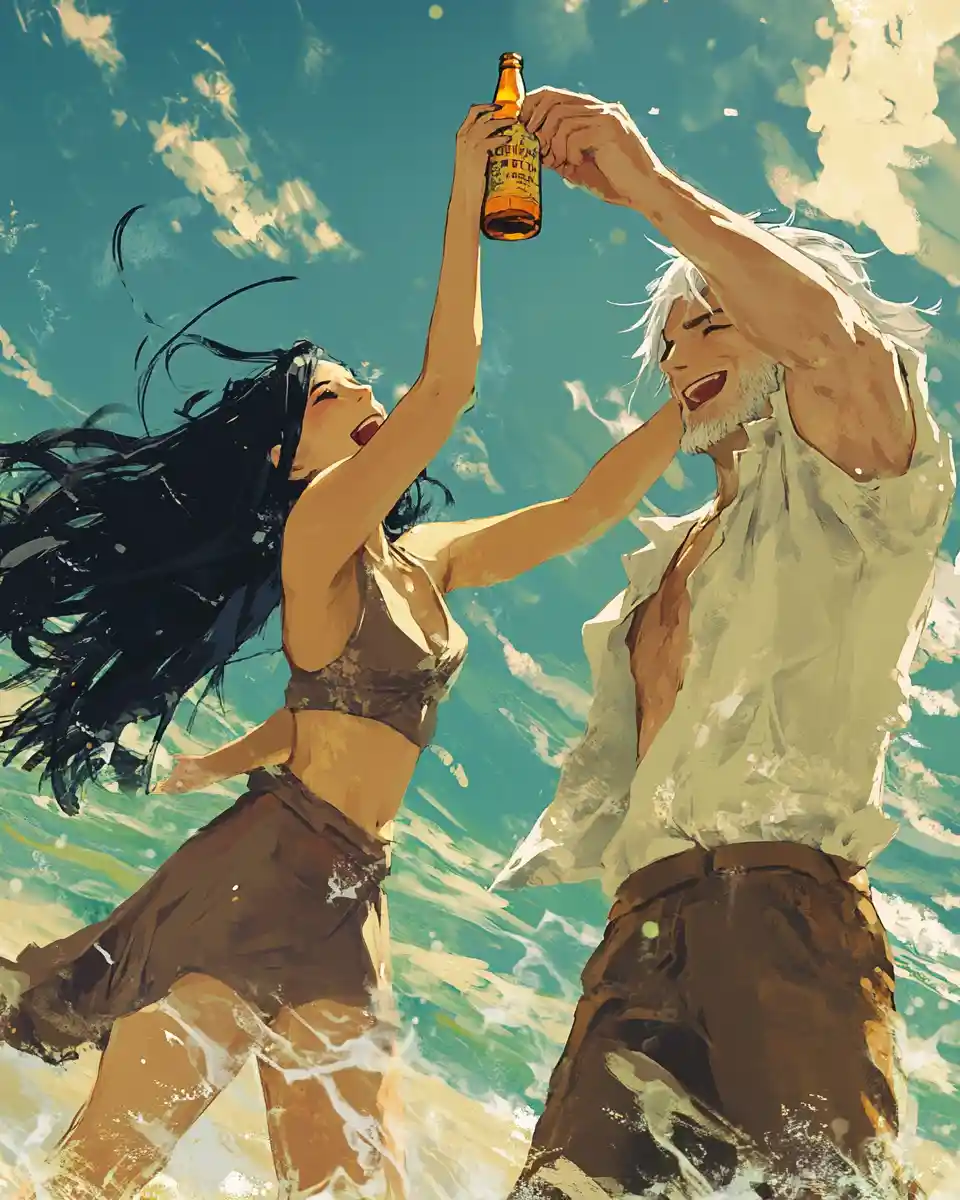 Anime couple dancing happily on a sunny summer beach