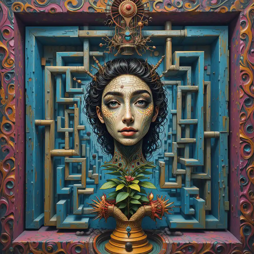 Surreal psychedelic maze with a woman face at the center