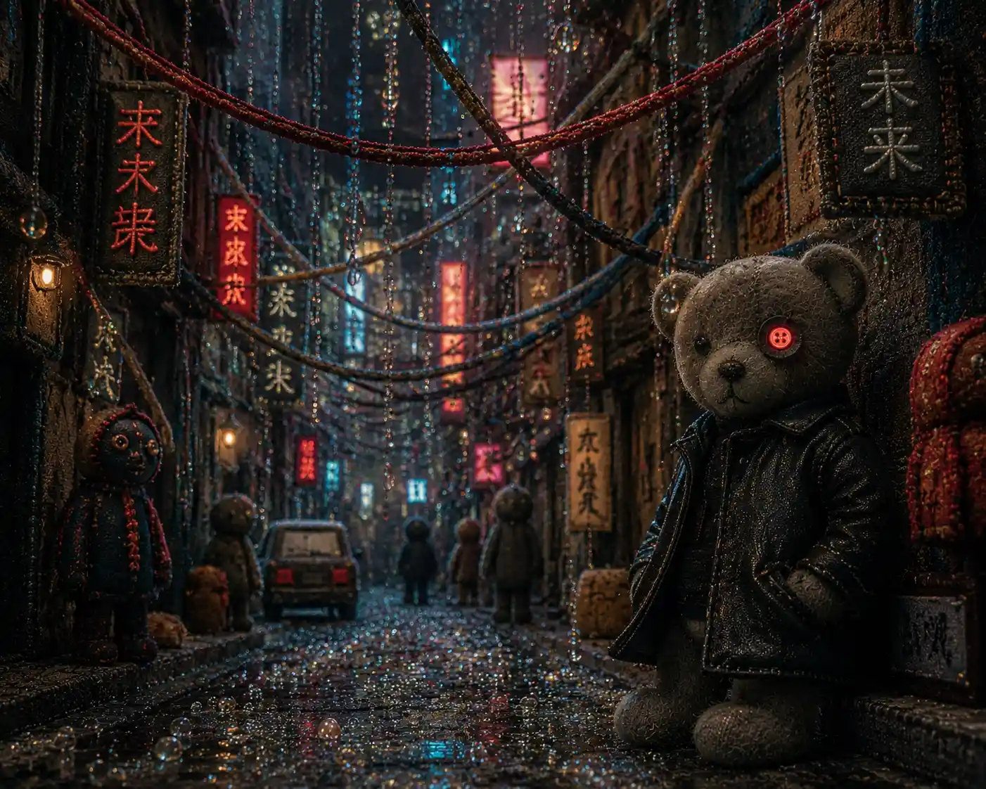 Ominous teddy bear in a textile crafted dystopian alley