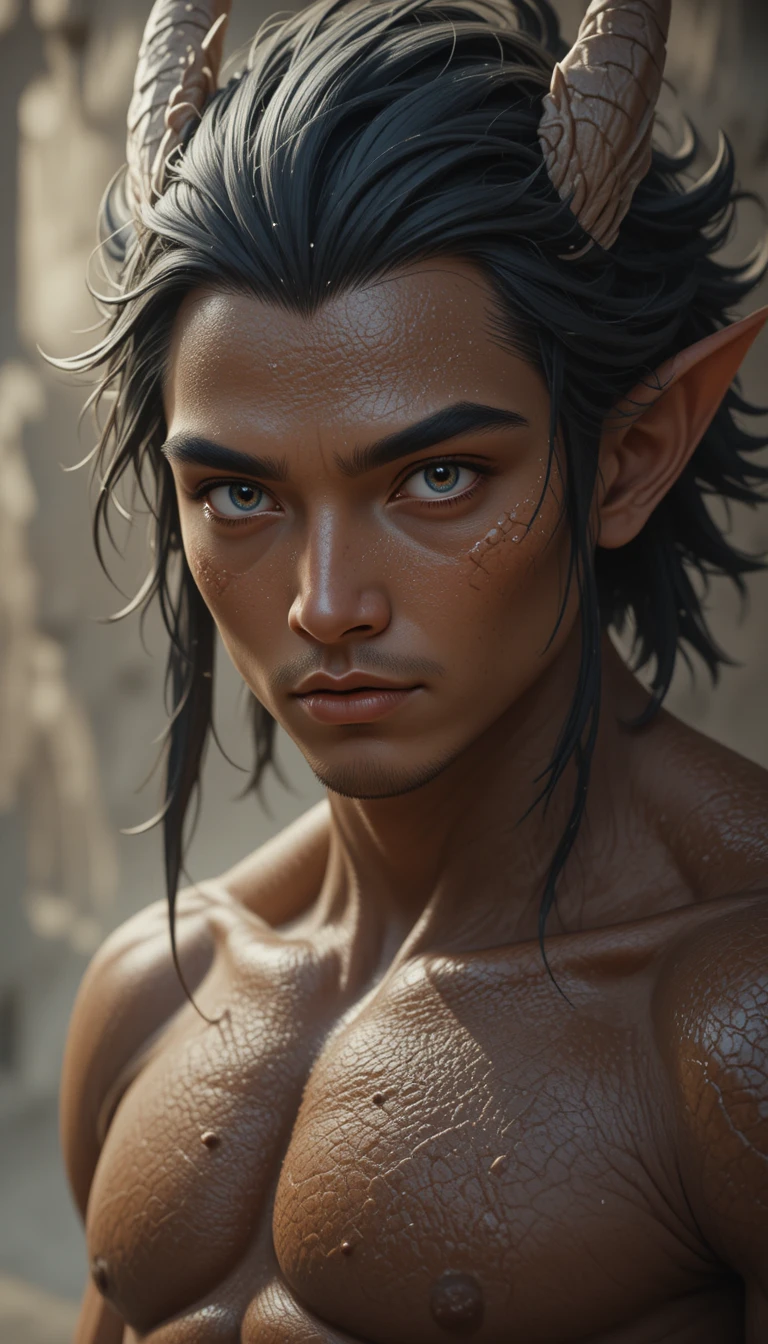 Massive half dragon warrior with dark hair and amber eyes