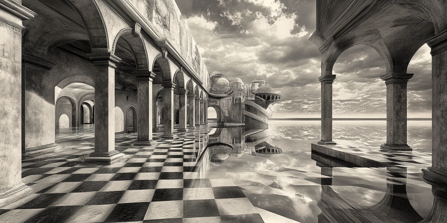 Surreal facade opening into an infinite mirrored maze
