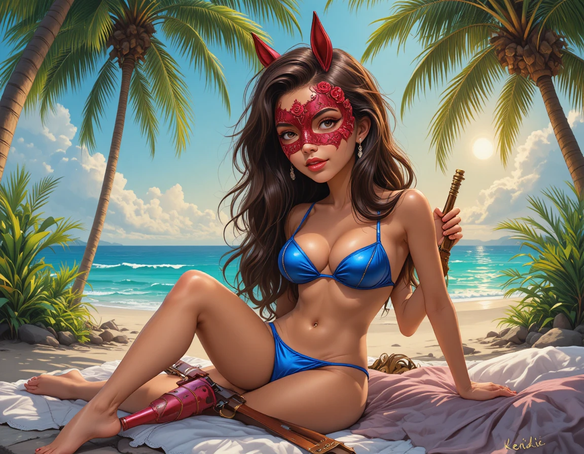 Sensuale donna bruna in bikini blu su una spiaggia tropicale al tramonto