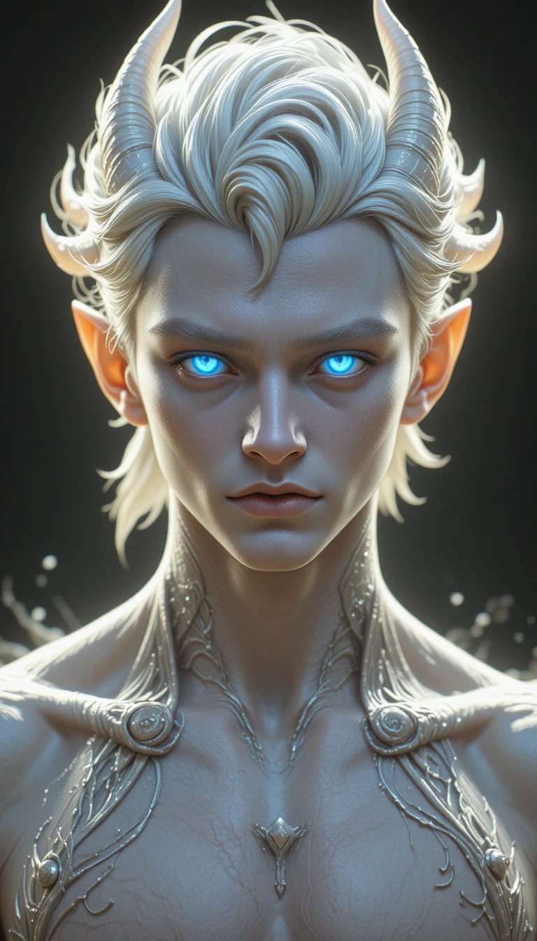 Young dragon man with antlers and glowing blue eyes