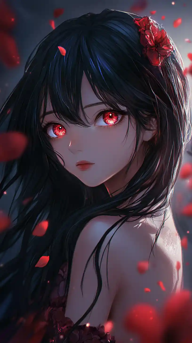 Enigmatic anime girl with red eyes and floral tattoos