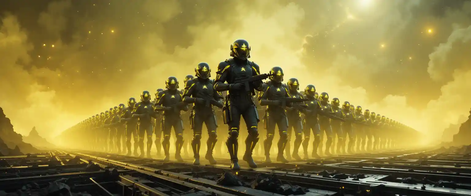 Futuristic army of armored super soldiers marching at night