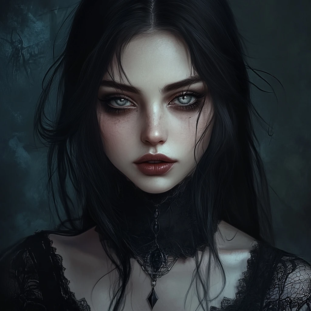 Dark sorceress with ashen skin and grey eyes in gothic style
