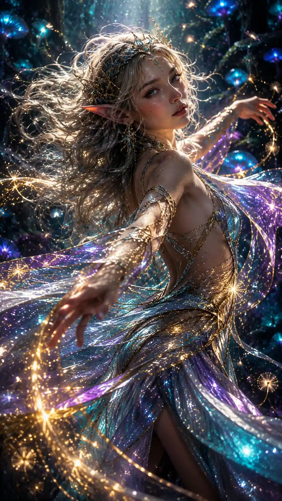 Celestial woodland elf dancing in a glowing fantasy forest