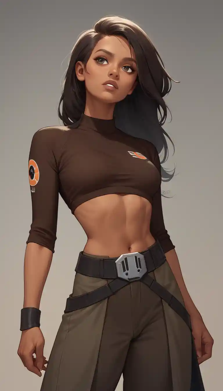 Brown skinned sci fi woman with long dark hair costume