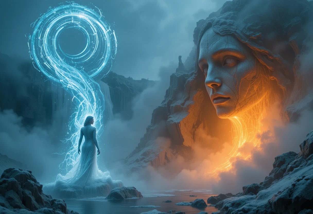 Spectral frost woman descending through mist and cascading water
