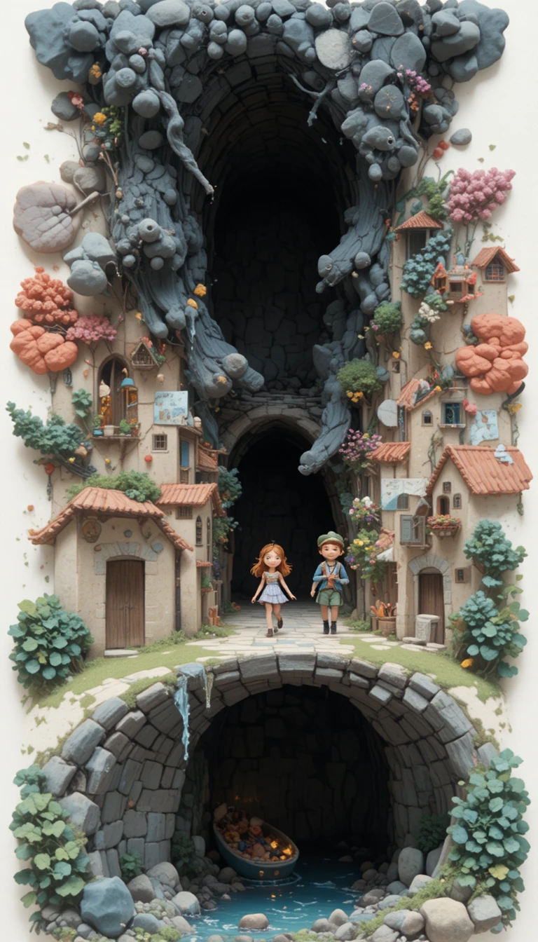 Childlike illustration of a colorful old village street scene