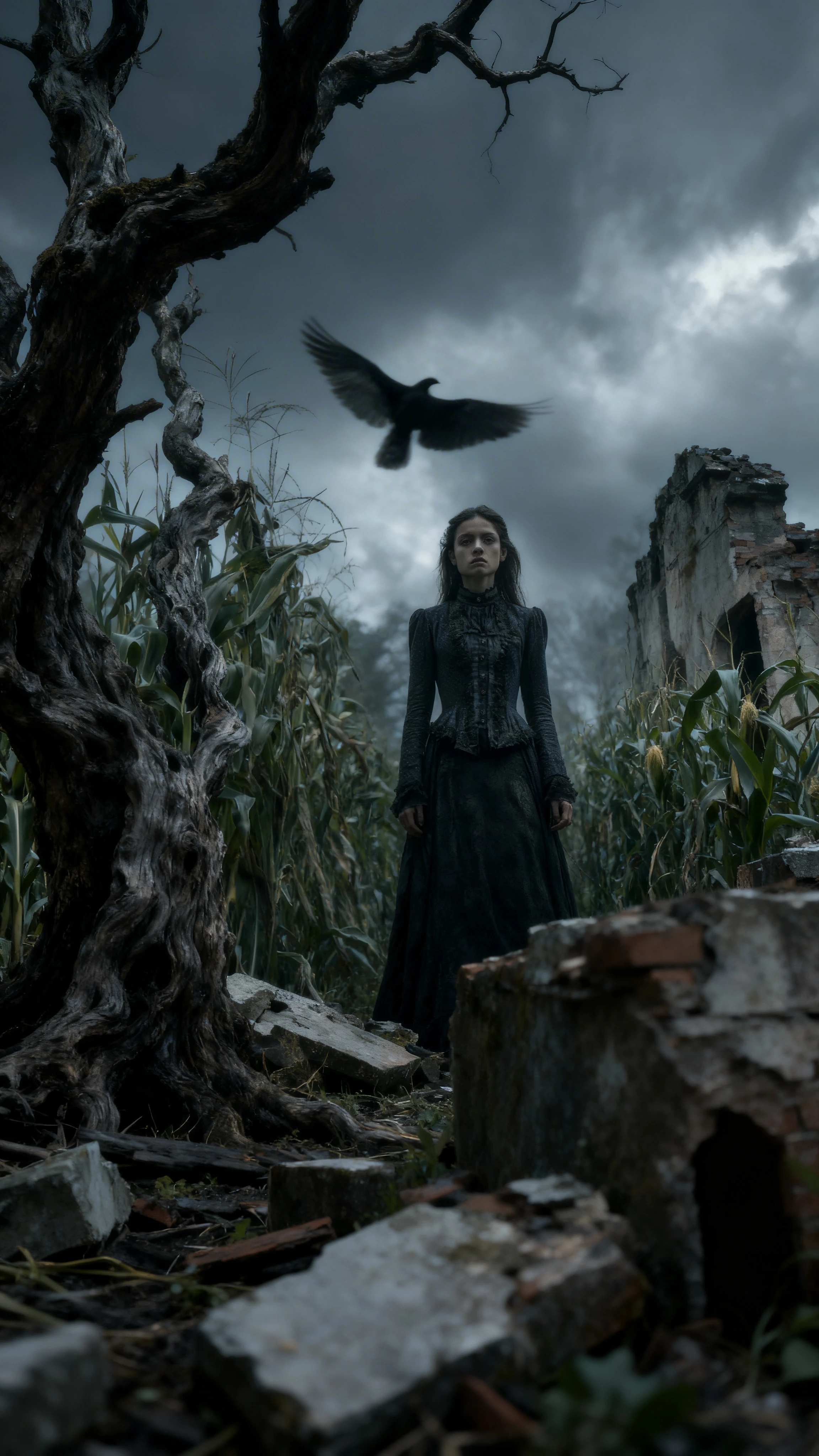Gothic woman in a ruined cornfield under a dark sky