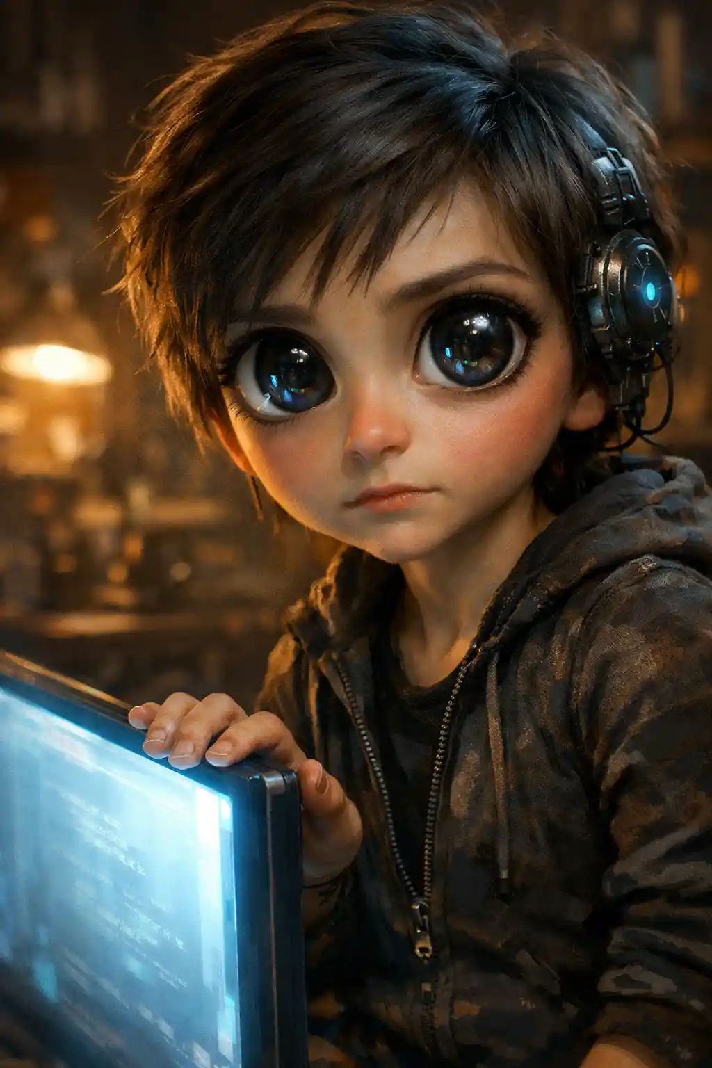 Close up of an AI artist at a glowing studio screen