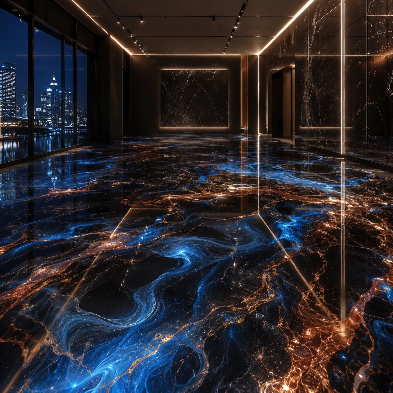 Futuristic luxury showroom with reflective metallic epoxy floor