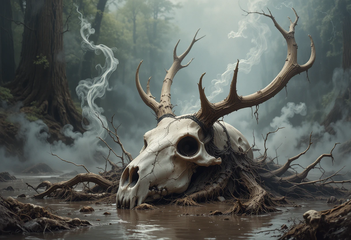 Unearthed deer skull vessel in misty forest earth