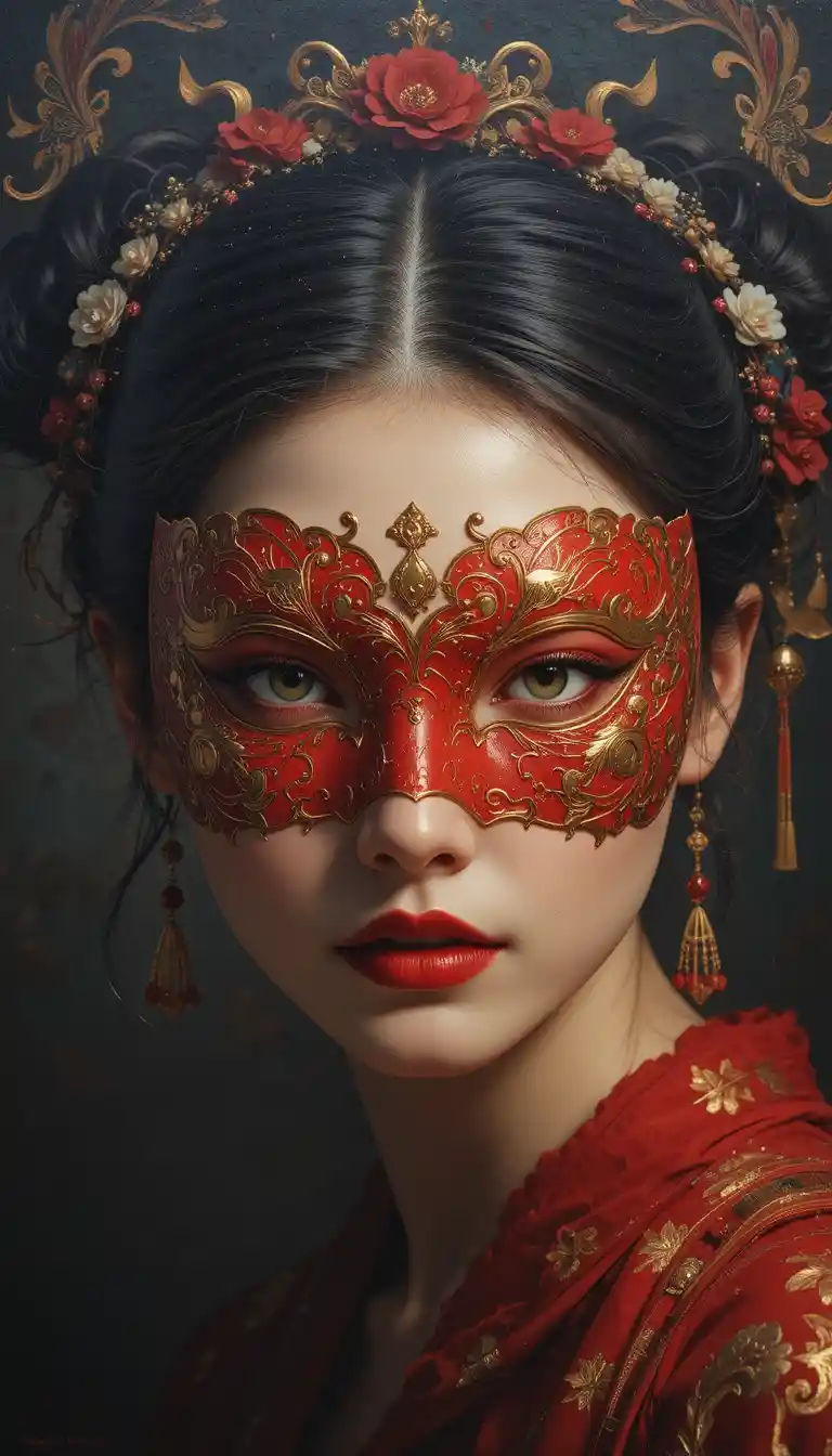 Chinese woman in red opera mask in chiaroscuro oil painting