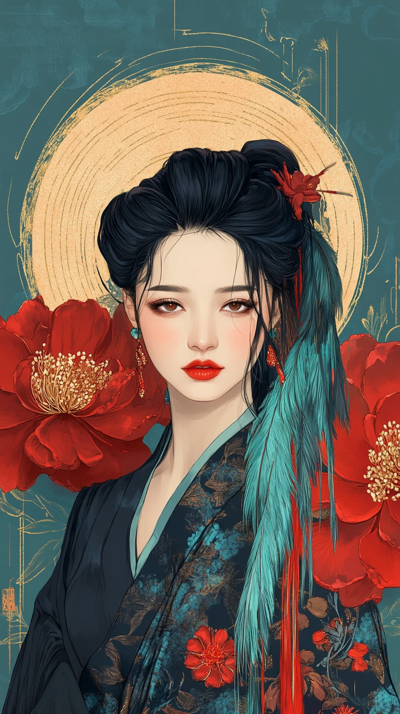 Ukiyo e inspired portrait of an elegant feathered Asian woman