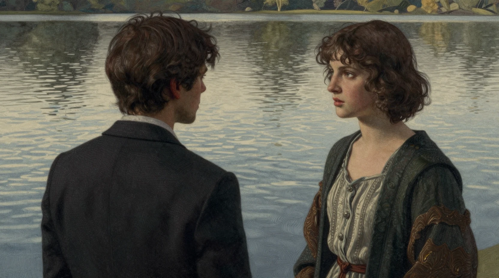Man Gazing Into A Lake To See His Younger Reflection