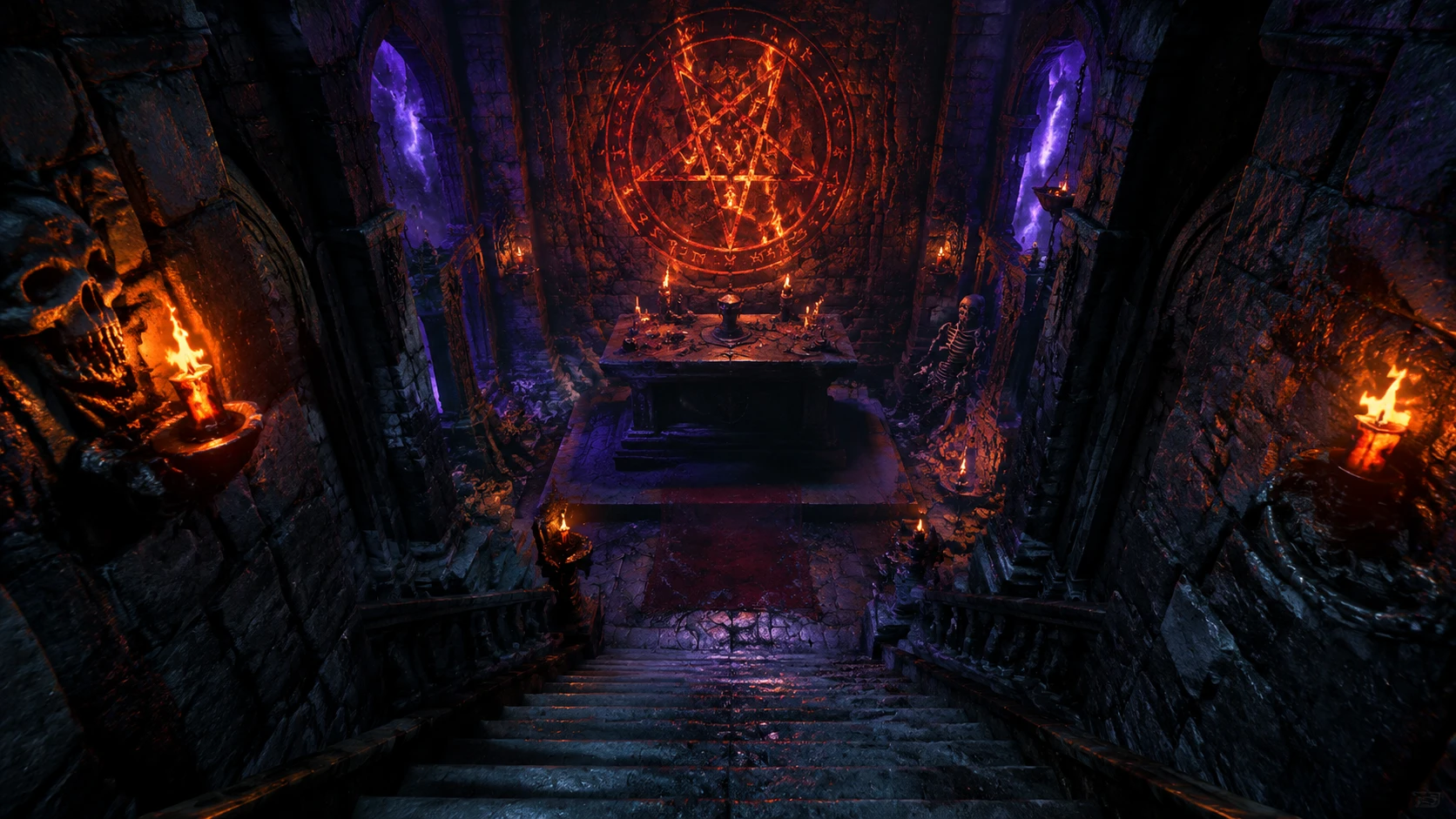 Stone castle stairway descending into a fiery occult dungeon