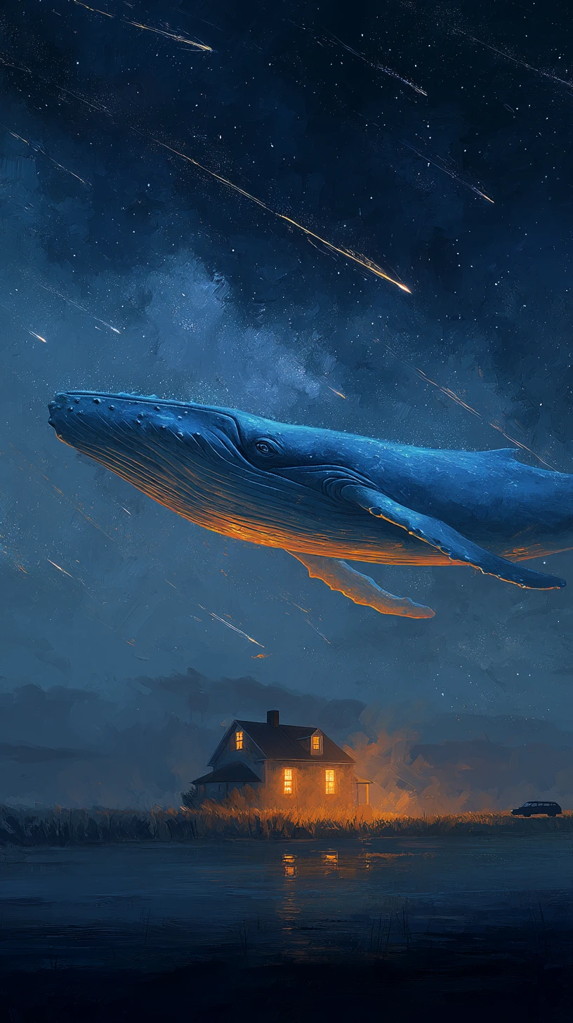 Blue whale floating across a glowing starry night sky