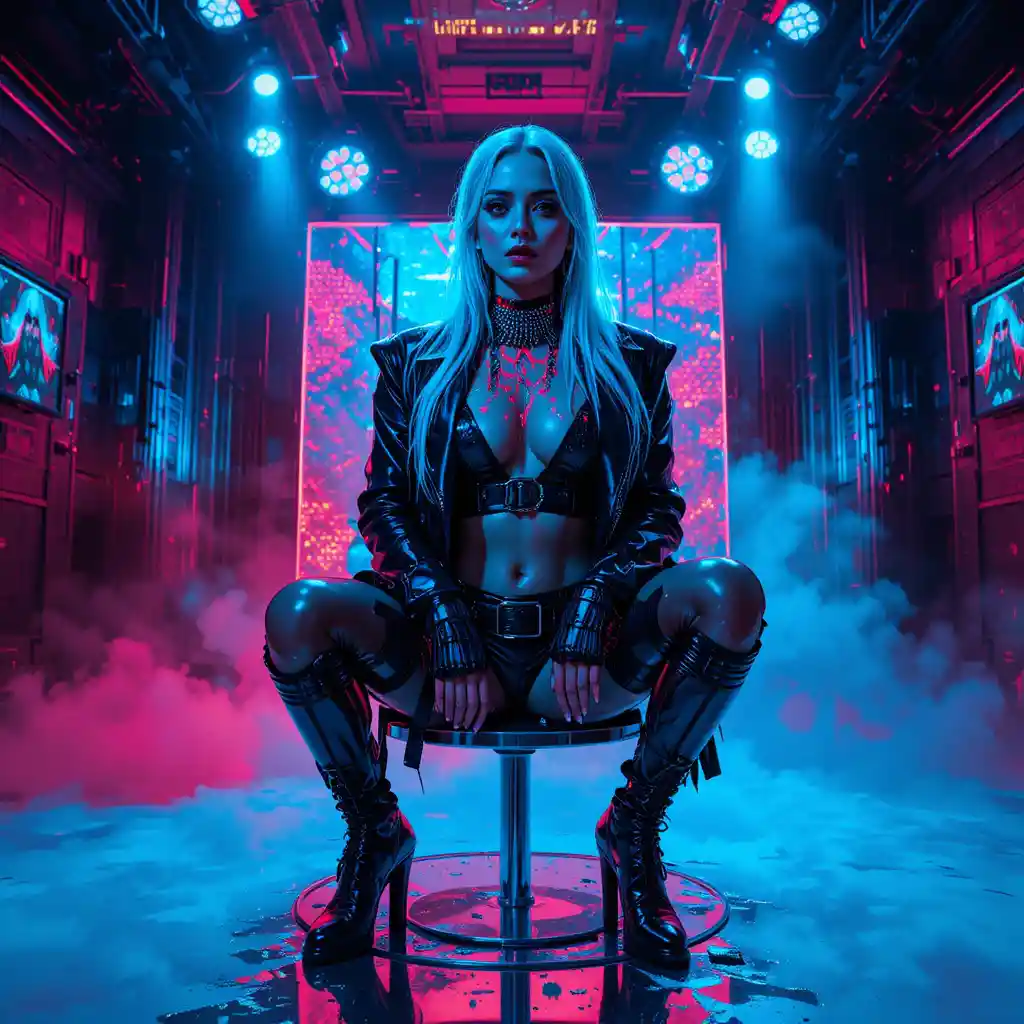 Cinematic cyber noir woman posing in electric blue studio
